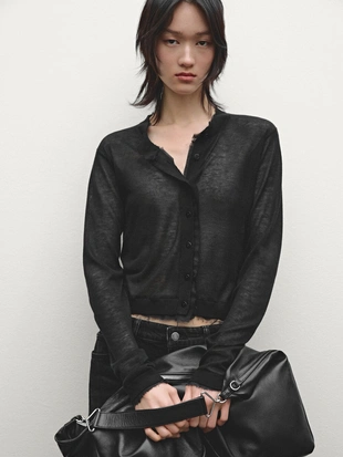 BLACK|5636/603 - Massimo Dutti Легкий кардиган с потертыми деталями