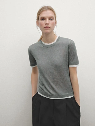 MEDIUM GREY|5608/603 - Massimo Dutti Вязаный свитер с короткими рукавами и потертыми деталями
