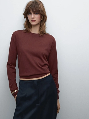 BROWN|5735/684 - Massimo Dutti Вязаный свитер с круглым вырезом из хлопчатобумажной смеси