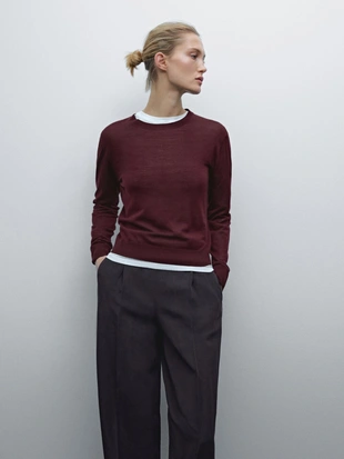MAROON|5697/640 - Massimo Dutti Вязаный свитер из смеси шерсти с круглым вырезом горловины