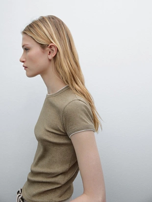 GREEN MARL|6234/518 - Massimo Dutti Контрастная футболка в рубчик из 100% хлопка