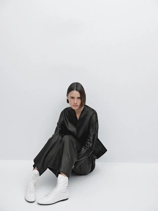 BLACK|9103/952 - Massimo Dutti Прямые брюки с блестящими деталями -STUDIO