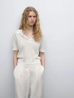 Купить Massimo Dutti Ажурный джемпер-поло из льняной смеси, связанный спицами
