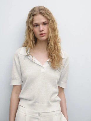 PURE WHITE|5739/696 - Massimo Dutti Ажурный джемпер-поло из льняной смеси, связанный спицами