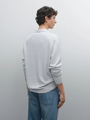 GREY MARL|0964/384 - Massimo Dutti Трикотажный джемпер поло из смеси хлопка и льна