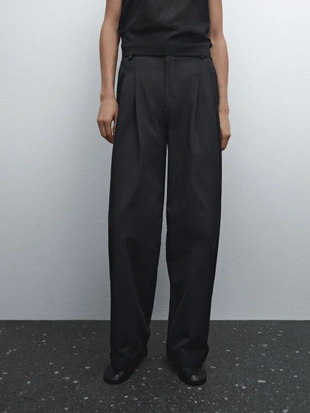 BLACK|5027/827 - Massimo Dutti Широкие плиссированные брюки из хлопчатобумажной смеси