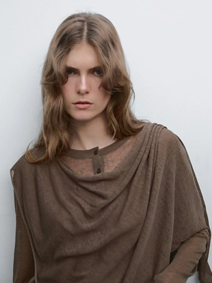 BROWN|5676/650 - Massimo Dutti Вязаный кардиган из льняной смеси, деталь шарфа