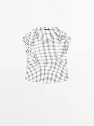 Клетчатый топ с драпированным воротником- Заказать в России