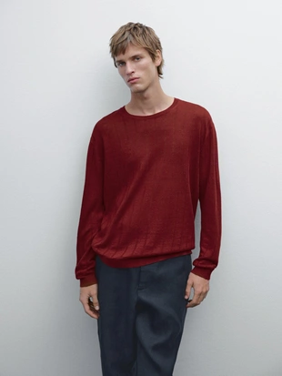 Wine Red|0907/376 - Massimo Dutti Джемпер с круглым вырезом горловины из 100% льна