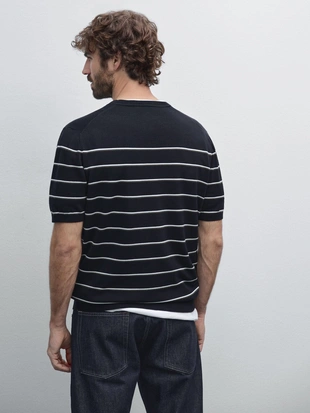 NAVY BLUE|0923/388 - Massimo Dutti Вязаный джемпер в полоску с коротким рукавом из 100% хлопка