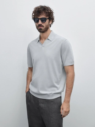 Купить Massimo Dutti Хлопчатобумажная трикотажная рубашка поло с V-образным вырезом