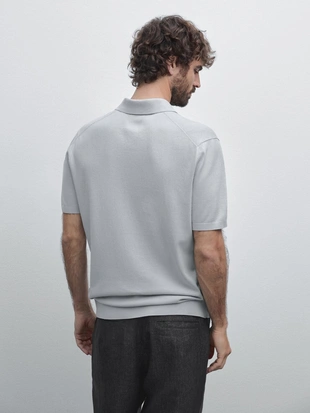 GREY BLUE|0904/366 - Massimo Dutti Хлопчатобумажная трикотажная рубашка поло с V-образным вырезом