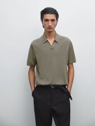 Купить Massimo Dutti Хлопчатобумажная трикотажная рубашка поло с V-образным вырезом
