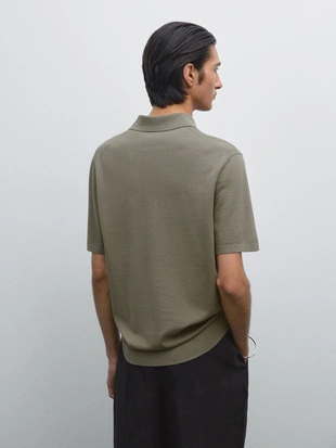 HUNTING GREEN|0904/366 - Massimo Dutti Хлопчатобумажная трикотажная рубашка поло с V-образным вырезом