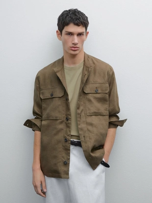 OLIVE|3488/520 - Massimo Dutti Верхняя рубашка с воротником-стойкой из 100% льна.