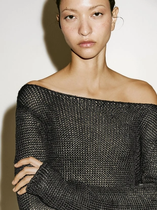 BROWN|5789/555 - Massimo Dutti Длинный ажурный свитер - лимитированная серия