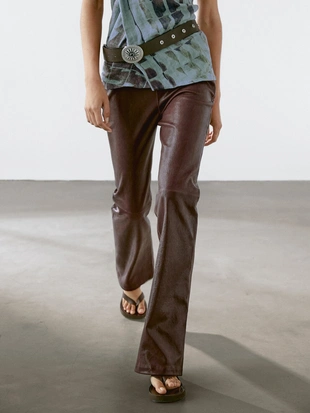 BROWN|5326/966 - Massimo Dutti Кожаные брюки прямого кроя