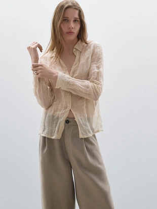 TAUPE GREY|5031/831 - Massimo Dutti Брюки с широкими штанинами из 100% льна
