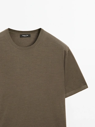 KHAKI|0930/210 - Massimo Dutti Вязаная футболка из шерстяной смеси с коротким рукавом