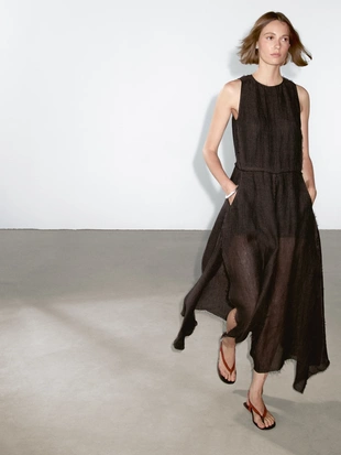 Платье миди из 100% льна с подвязанными краями- Заказать в России