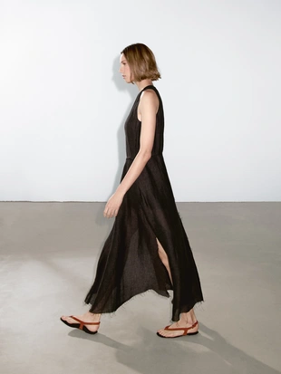 Платье миди из 100% льна с подвязанными краями- Заказать в России