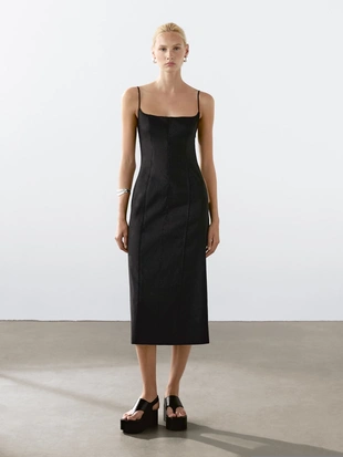 Платье миди с лямками и льном- Заказать в России