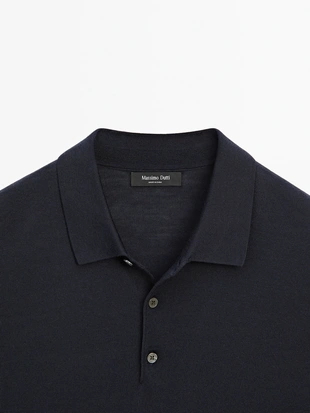 NAVY BLUE|0931/210 - Massimo Dutti Поло из вязаного шерстяного микса с коротким рукавом