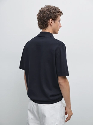 NAVY BLUE|0940/201 - Massimo Dutti Поло с коротким рукавом и воротником-стойкой на молнии из хлопкового трикотажа