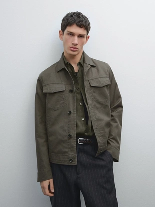DARK KHAKI|3495/523 - Massimo Dutti Куртка с карманами из хлопка и льна