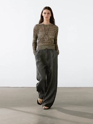 Greyish green|5031/832 - Massimo Dutti 100% льняные брюки с широкими штанинами