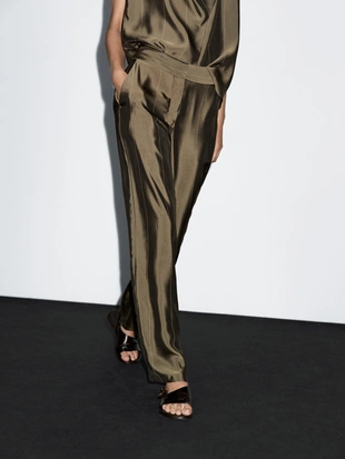 KHAKI|5030/861 - Massimo Dutti Широкие брюки с полосатыми деталями
