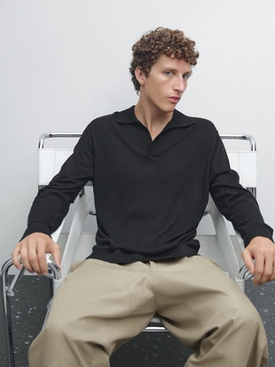 BLACK|0961/206 - Massimo Dutti Вязаная поло-рубашка с V-образным вырезом