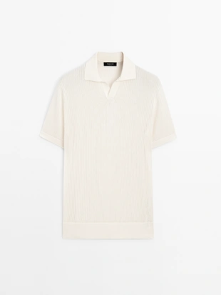 CREAM|0998/206 - Massimo Dutti Поло с воротником V из вязаного полотна с открытой структурой