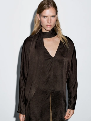 Длинная блуза с завязкой на шее- Заказать в России