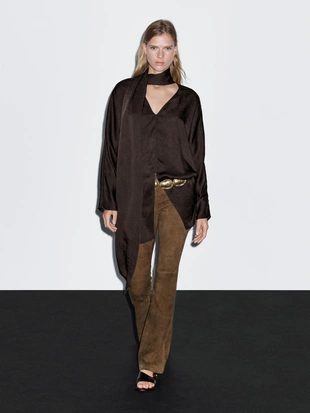 Длинная блуза с завязкой на шее- Заказать в России