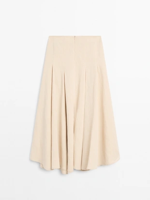 BEIGE|5218/530 - Massimo Dutti Юбка-миди из льняно-хлопковой смеси с оборками