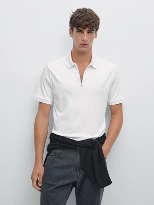 WHITE|0628/440 - Massimo Dutti Поло с коротким рукавом и застежкой на молнии