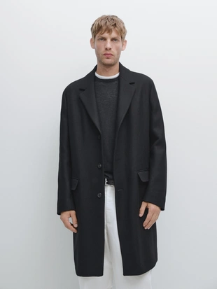 BLACK|3563/545 - Massimo Dutti Пальто с длинными лацканами из шерстяно-шелковой смеси