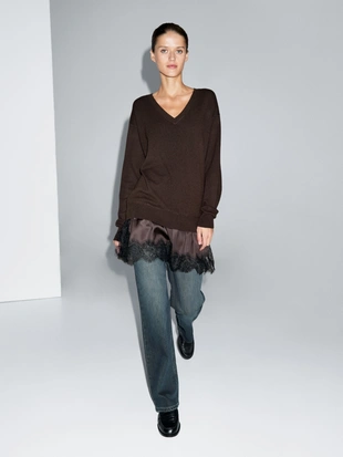 Купить Massimo Dutti Длинный вязаный свитер с контрастным кружевом