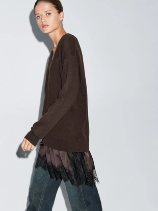 Chocolate|6602/921 - Massimo Dutti Длинный вязаный свитер с контрастным кружевом