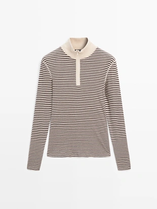 BEIGE|6292/106 - Massimo Dutti Полосатый свитер с квартальной молнией из тонкого вязаного полотна