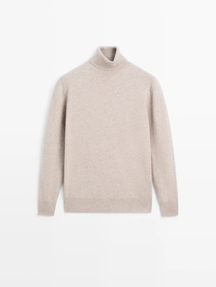 BEIGE|5610/565 - Massimo Dutti Вязанный свитер из 100% кашемира с высоким воротником