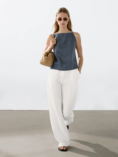 Massimo Dutti Топ на шею из полотна с льном в полоску купить с доставкой.