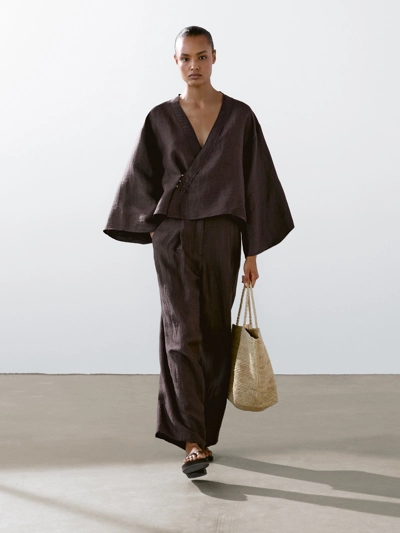 Massimo Dutti Хлопково-льняной кимоно с перекрестным воротником