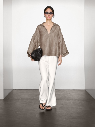 Massimo Dutti Блузка с полосками из льна с открытым воротником купить с доставкой.