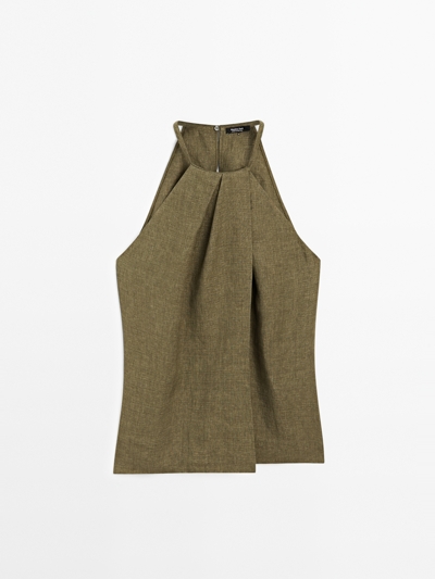 Massimo Dutti Топ с перекрещивающимся галстуком из 100% льна купить с доставкой.