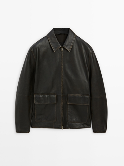 Massimo Dutti Короткая кожаная куртка из натуральной кожи с потертостями