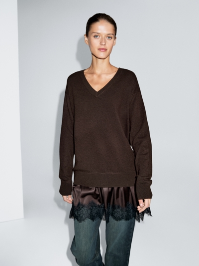 Massimo Dutti Длинный вязаный свитер с контрастным кружевом