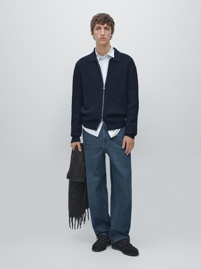 Massimo Dutti Кардиган с молнией из вязаного хлопка и шерсти в рубчик