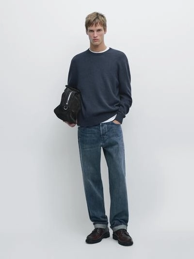 Джинсовый эффект вязаный свитер с круглым вырезом- Заказать в России